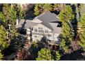 Stunning aerial view of a sprawling home nestled among lush greenery and mature trees at 108 Castle Pines N Dr, Castle Rock, CO 80108