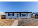 Inviting single-story home with neutral siding, black shutters, and a neatly landscaped front yard at 7856 Ladore St, Commerce City, CO 80022