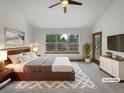 Bright bedroom with large windows, neutral carpet, and a ceiling fan for comfort at 584 W Prestwick Way, Castle Rock, CO 80104