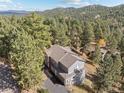 Aerial view of the beautiful home surrounded by lush green trees and a long driveway at 6904 Sprucedale Park Way, Evergreen, CO 80439