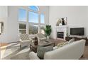 Bright living room boasts a fireplace, large windows with views and plush seating at 6904 Sprucedale Pkwy, Evergreen, CO 80439