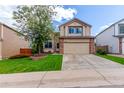 Charming two-story home boasts manicured lawn, brick accents and mature tree at 3186 W Indian Summer Ln, Castle Rock, CO 80109