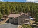 A two-story home with a spacious deck is surrounded by a lush, green landscape at 8724 Armadillo Trl, Evergreen, CO 80439