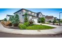 Street view of a two-story home featuring a lush lawn and manicured landscaping at 350 Vista Cliff Cir, Castle Rock, CO 80104