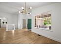 Bright foyer featuring hardwood floors, modern lighting, and a view of the outdoor patio at 1896 S Marshall Cir, Lakewood, CO 80232