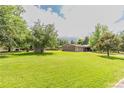 Expansive backyard featuring lush green lawn, mature trees, and a wooden fence in the background at 13990 Berry Rd, Golden, CO 80401