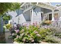 Detail of blue bungalow exterior, showing landscaped garden and flower boxes at 4429 Winona Ct, Denver, CO 80212