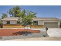 Inviting single-Gathering house featuring a manicured front yard, mature tree, and attached two-car garage at 16273 E Brown Pl, Aurora, CO 80013