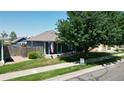 Well-maintained single-Gathering home with lush green lawn, complemented by mature trees and an American flag at 2791 Quarterland St, Strasburg, CO 80136