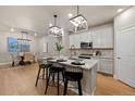 Modern kitchen with stainless steel appliances, quartz countertops, pendant lighting, and an adjacent dining area at 3844 Sandy Vista Ln, Castle Rock, CO 80104