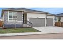 Charming single-story home with a two-car garage and well-manicured front lawn, showcasing modern curb appeal at 4063 Castle Vista Dr, Castle Rock, CO 80104