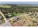 Expansive aerial view of a lush property with mature trees, multiple structures, and fenced pastures offers tranquility at 36901 View Ridge Dr, Elizabeth, CO 80107