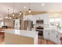 Modern kitchen features a large island, stainless steel appliances, and sleek white cabinets at 7684 Mule Deer Pl, Littleton, CO 80125