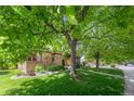 Beautiful brick home featuring well-maintained lawn and mature trees providing ample shade at 10886 E Crestline Cir, Englewood, CO 80111