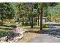 Landscaped front yard with trees and a rock-lined creek bed leads to a two-story home and attached garage at 7701 Rollins Dr, Larkspur, CO 80118