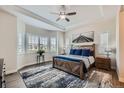Spacious bedroom with tray ceilings, natural light from large windows, and a comfortable, stylish bed with decorative pillows at 4536 Shady Path Ln, Castle Rock, CO 80104