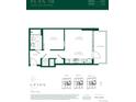 Urban one-bedroom floor plan featuring a balcony, open living area, kitchen, bedroom and bathroom at 525 18Th St # 1201, Denver, CO 80202