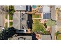 Aerial view of the property, showcasing the house, lush backyard, garden, patio, and mature trees at 4045 E 18Th Ave, Denver, CO 80220