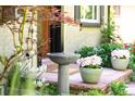Beautiful front yard featuring a charming water fountain, colorful flower pots, and meticulous landscaping at 1185 Glencoe St, Denver, CO 80220