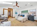 Spacious main bedroom featuring a skylight, ceiling fan and carpet flooring at 2424 S Steele St, Denver, CO 80210
