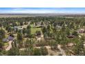 An aerial view showcases a neighborhood surrounded by lush greenery and mature trees at 3337 Ponderosa Rd, Franktown, CO 80116