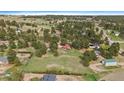 An aerial shot shows a single Gathering neighborhood with green lots, mature trees and a rural feel at 3337 Ponderosa Rd, Franktown, CO 80116