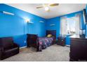 A bedroom featuring bright blue walls, shelving, a dark bed frame, and a window with sheer curtains at 465 S 24Th Ave, Brighton, CO 80601