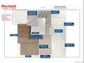 A design studio selection board showcasing cabinet, flooring, and tile samples for a new home's kitchen and bathrooms at 688 Belay St, Erie, CO 80516