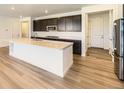 Modern kitchen boasts an island, stainless appliances, dark cabinets and hardwood flooring at 3979 Descent St, Castle Rock, CO 80108