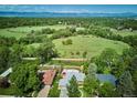Expansive aerial view showcasing the property's well-manicured lawn, mature trees and surrounding landscape at 2300 Crabtree Dr, Centennial, CO 80121