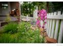 Lush garden bed with vibrant pink flowers and white picket fence at 9864 Carmel Ct, Lone Tree, CO 80124
