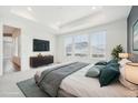Spacious main bedroom boasts tray ceiling, large windows, and contemporary decor at 5128 Preserve Pl, Firestone, CO 80504