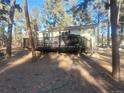 Charming cabin with a spacious wood deck surrounded by trees and a natural landscape at 36351 County Road 21, Elizabeth, CO 80107