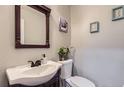 Charming half bathroom featuring new fixtures, decor and elegant finishes at 10779 Longs Way, Parker, CO 80138