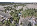 Aerial view of a home surrounded by lush trees in a peaceful, sprawling neighborhood at 34480 Pine Ridge Cir, Elizabeth, CO 80107