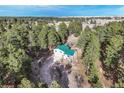 An aerial view of the green roofed home surrounded by lush, mature trees at 34480 Pine Ridge Cir, Elizabeth, CO 80107