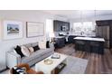 This is a modern living room and kitchen with a gray sofa, patterned rug, dark cabinets, and stainless appliances at 11914 W 57Th Dr, Arvada, CO 80002