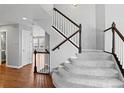 Elegant staircase with carpeted steps and dark wood trim against neutral walls at 4695 Bobolink Dr, Castle Rock, CO 80109