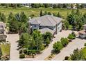 Aerial view of this property showing a spacious driveway, tiled roof, and mature landscaping at 5665 Vistancia Ct, Parker, CO 80134