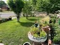 Large green backyard showing the side yard of a home with lawn and potted plants at 4047 Lowell Blvd, Denver, CO 80211