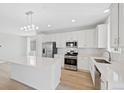 Modern kitchen with white cabinetry, stainless steel appliances, and a center island with a quartz countertop at 9175 Uravan Ct, Commerce City, CO 80022