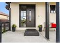 Stylish front entrance showcasing a modern wooden door with a glass panel, complemented by potted plants at 8240 W Tennessee Ave, Lakewood, CO 80226