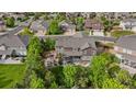 Residential neighborhood aerial showcasing a private backyard oasis with mature trees, garden and outdoor living at 7408 Sodalite Way, Castle Rock, CO 80108