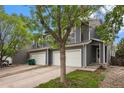 Inviting two-story townhouse with a two car garage, driveway, and a tree at 814 Pintail Ave, Brighton, CO 80601