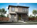 Two-story house with beige and brown siding, green door, and stone accents at 5772 N Jebel Way, Aurora, CO 80019