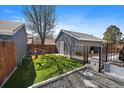 The backyard features a play structure, shed, patio, lush artificial grass and stone landscaping at 8699 Garrison Ct, Arvada, CO 80005