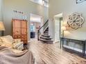 Open-concept home featuring elegant wood floors and a staircase leading to the second level at 9867 Mulberry Way, Highlands Ranch, CO 80129