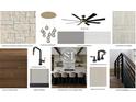 Interior finish selections showing fireplace stone, staircase chandelier, quartz countertops, tile, wood flooring, cabinet finish, and hardware at 945 Saint Andrews Ln, Louisville, CO 80027