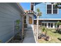 Home's front entrance features a charming wooden trellis and a brick-accented facade at 8679 Apache Plume Dr, Parker, CO 80134