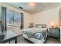 Cozy bedroom with a full-sized bed, nightstand, stylish grey bedding and window with blinds at 9943 Croke Dr, Denver, CO 80260